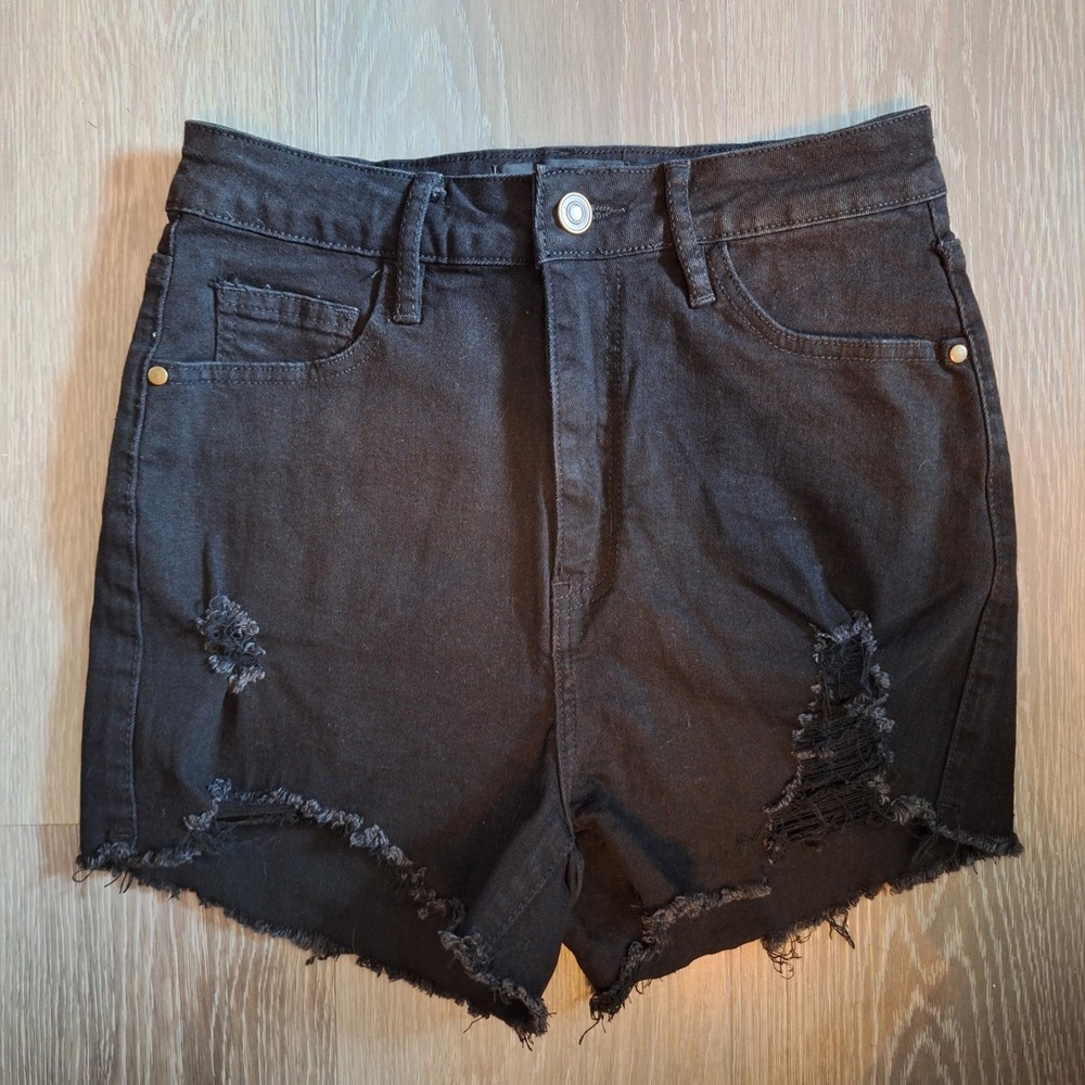 Fashion Nova Black Distressed Denim Shorts High Waisted Raw Hem Size 3